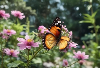 Obraz premium Der Schmetterling landet auf einer Blume im Garten mit Wasserfarben und Aquarell Stil, hilfe, garten