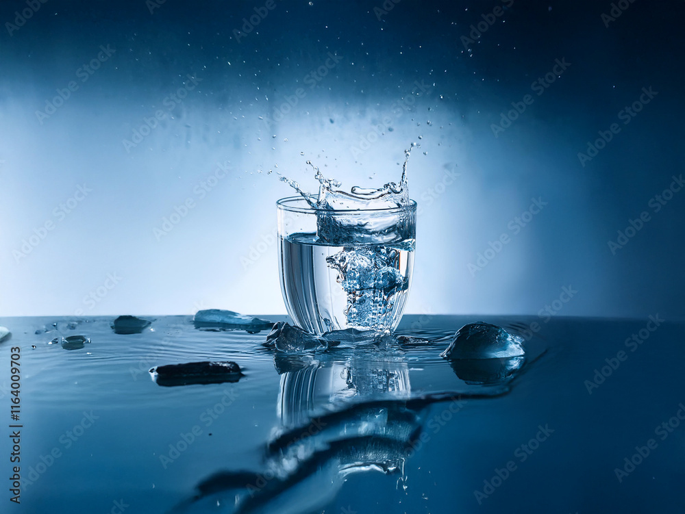 Aufkleber A splash of water freezes mid-air as ice cubes drop into a glass, creating a dynamic scene with reflections and scattered ice on a dark blue surface.
