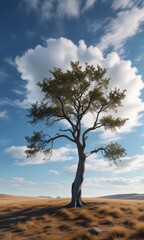 Obraz premium Distant blue sky with wispy clouds and a solitary tree, peaceful, tree