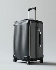 Glossy black hard-shell suitcase on light gray background