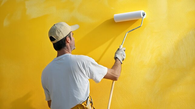 Painter Applying Yellow Paint on Wall