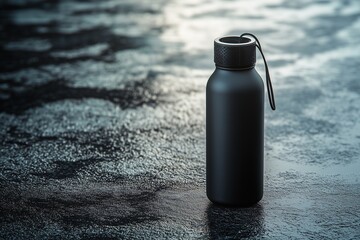 Black water bottle on reflective wet pavement in soft lighting