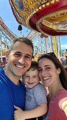 Naklejka premium Happy Family at Amusement Park Enjoying Carousel Ride