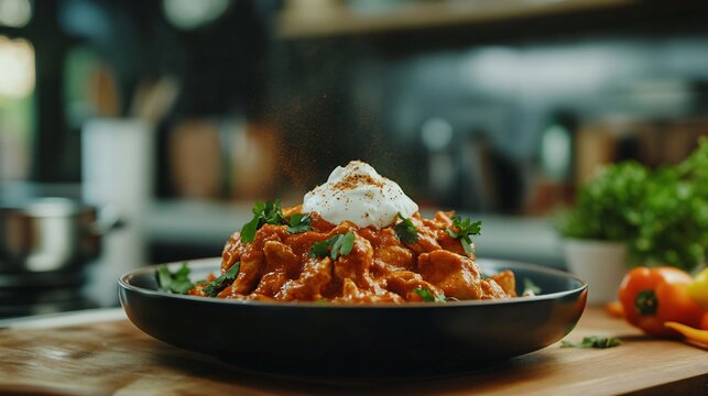 Delicious Cooker Butter Chicken with Raita and Cumin on Modern Kitchen Countertop
