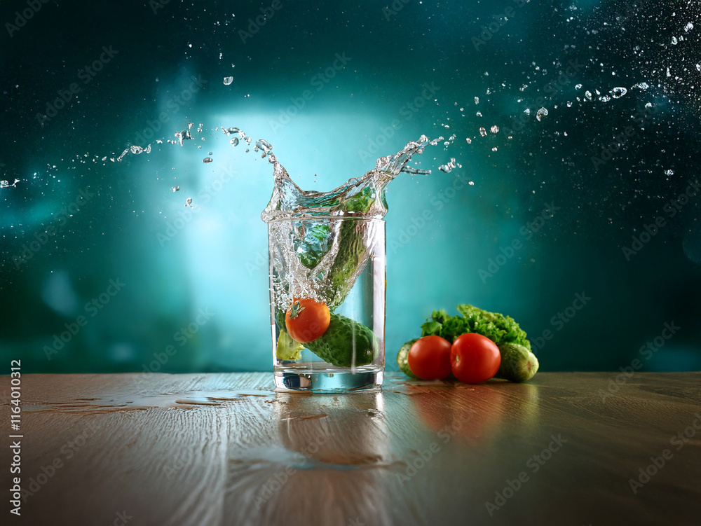 Poster a refreshing image of crisp cucumbers and juicy tomatoes splashing into a glass of water on a wooden