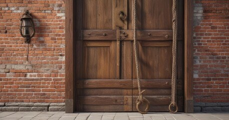 Distressed rope ladder leading to a vintage wooden door with a brass knocker and worn brick wall background ,  ladders,  coastal