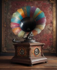 Distressed vintage phonograph with colorful swirling patterns and ornate details, phonograph,  eclectic interior