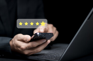 customer service evaluation and feedback rating. costumer review concept,Businessman rate 5-star...