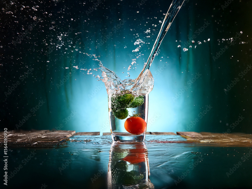 Poster A splash of water erupts as it collides with a glass containing small green cucumbers and a red tomato, creating a dynamic, vibrant image.  The scene is set against a dark, moody background with subtl