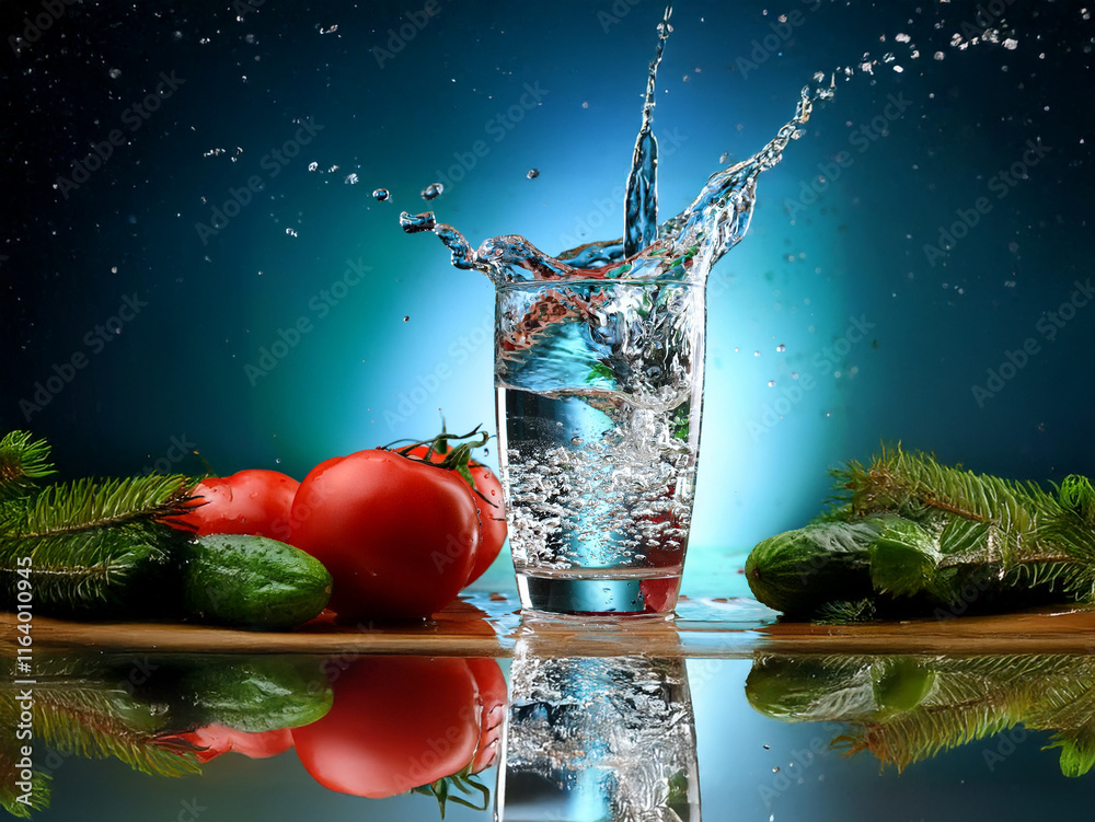 Fototapete refreshing water splashes into a glass, next to vibrant tomatoes and cucumbers. the scene is set aga