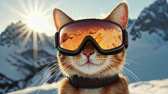 Ginger cat sporting ski goggles reflecting snowy mountain landscape, embodying playful winter adventure spirit