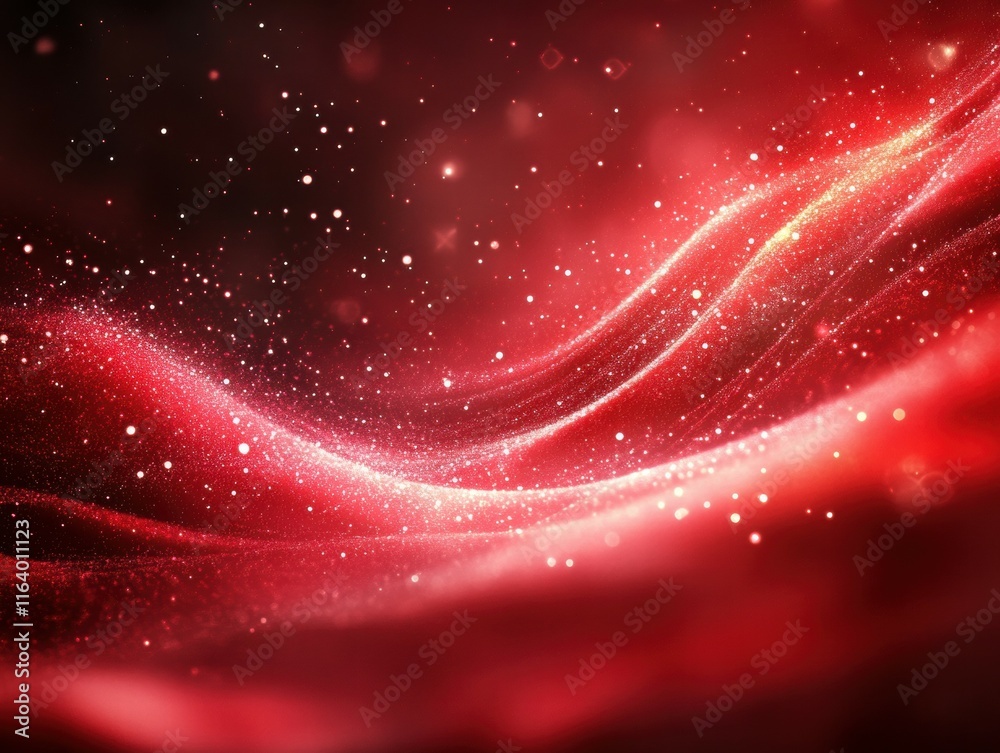 Aufkleber Abstract red waves with sparkling particles creating a dynamic and vibrant visual effect.
