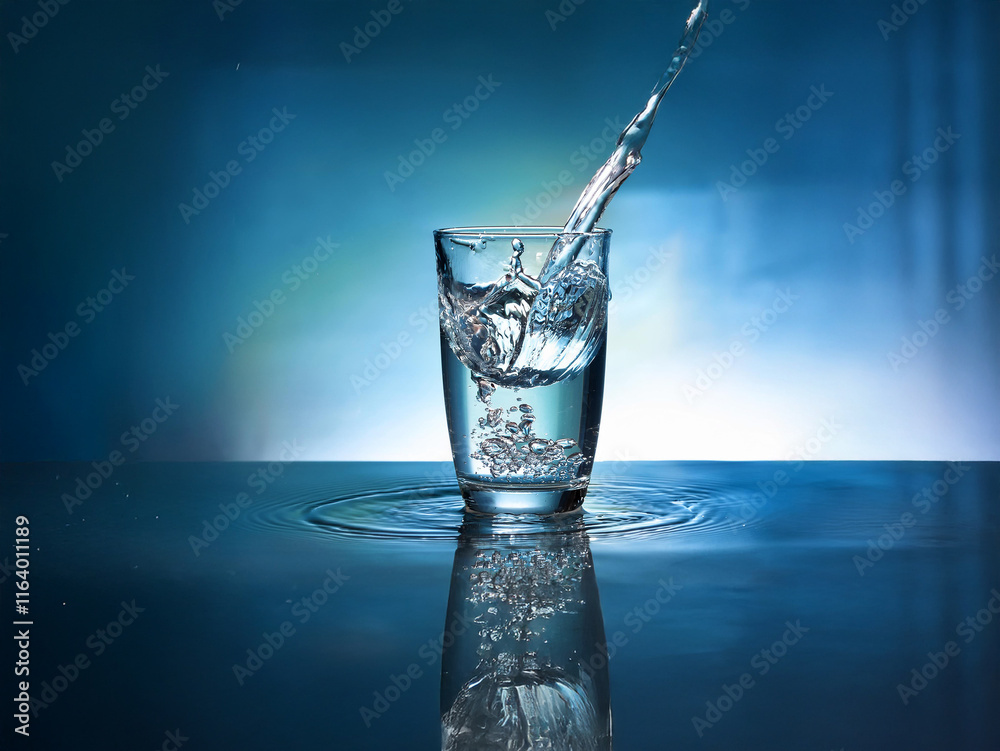 Fototapete Water pours into a clear glass, creating a dynamic splash and ripple effect on a reflective surface. The backdrop is a serene blue gradient.