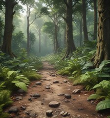 Fototapeta premium Earthy forest floor surrounded by lush greenery, botanicals, foliage