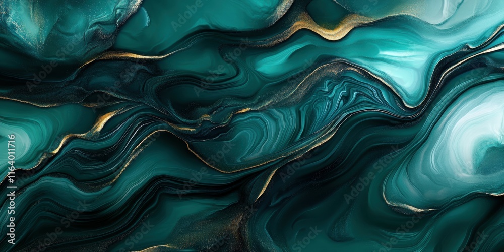 Poster abstract fluid art in teal and gold, showcasing swirling patterns and rich textures.
