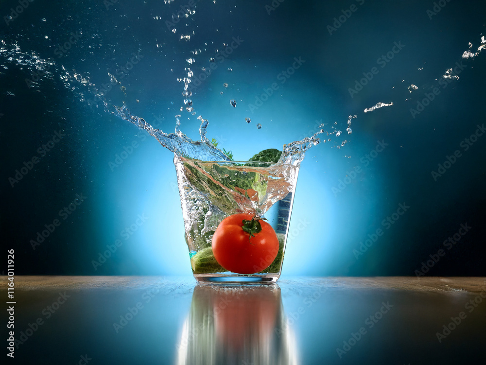 Aufkleber a vibrant red tomato and assorted fresh vegetables splash into a glass of water, creating a dynamic 