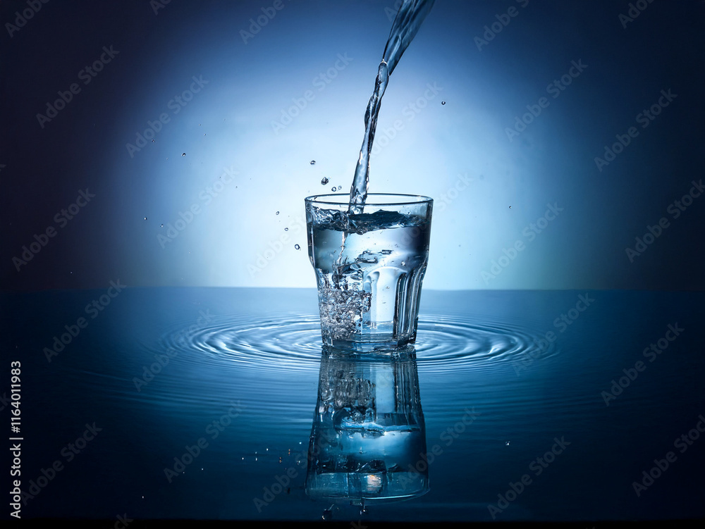 Aufkleber water pours into a glass, creating ripples on a reflective surface. the scene is dramatically lit, e