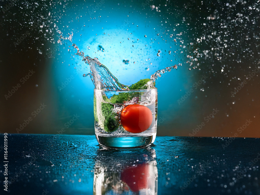 Aufkleber a vibrant image showcases a glass of water with a tomato and cucumber, dramatically splashed. the ba