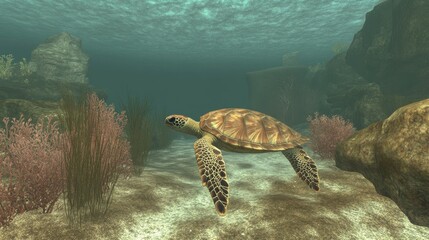 Obraz premium Graceful Turtle Gliding Through Coral Reef Waters
