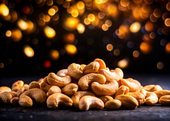 Fototapeta premium Night Photography: Whole Shelled Cashews, Illuminated, Dark Background, Studio Shot