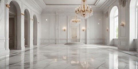 Fototapeta premium Empty white lobby with marble floor and crystal chandelier, modern interior, empty space, neutral color scheme