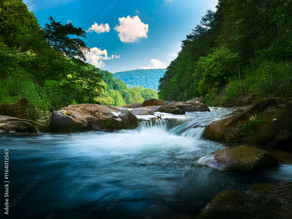 Poster serene mountain stream flows smoothly over rocks, lush green foliage lines the banks under a vibrant