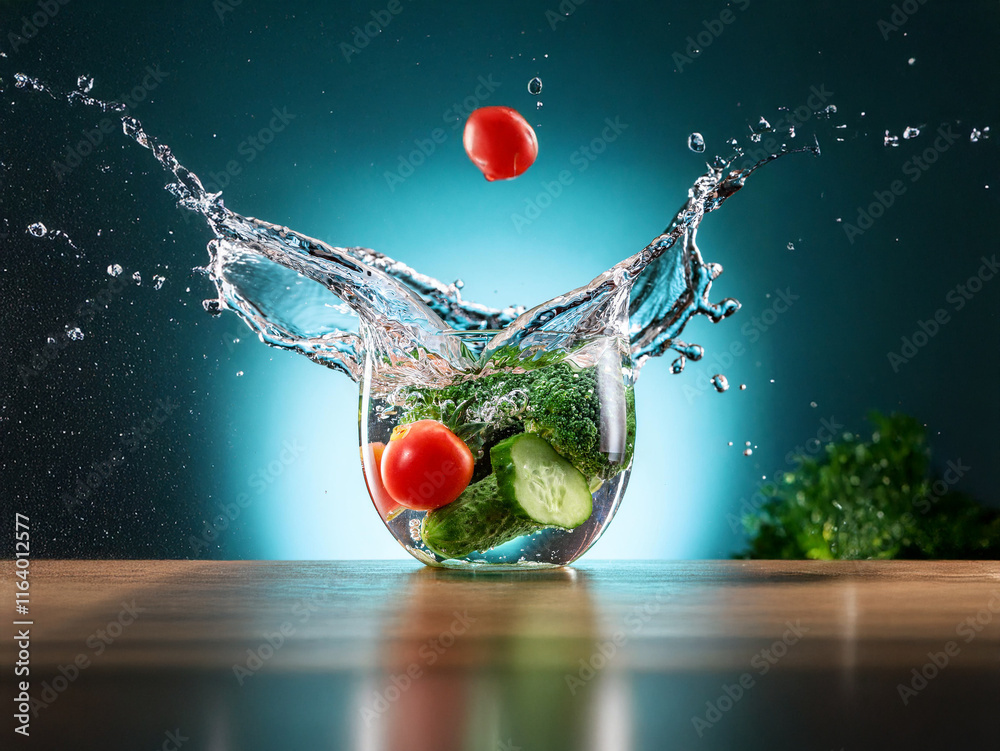 Poster vibrant image of cherry tomatoes and cucumbers splashing into a glass bowl of water. the scene is dy