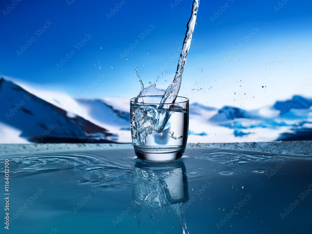 Aufkleber Crystal-clear water pours into a glass, splashing dramatically against a backdrop of pristine snow-capped mountains and a reflective surface.  The scene evokes purity and refreshment.