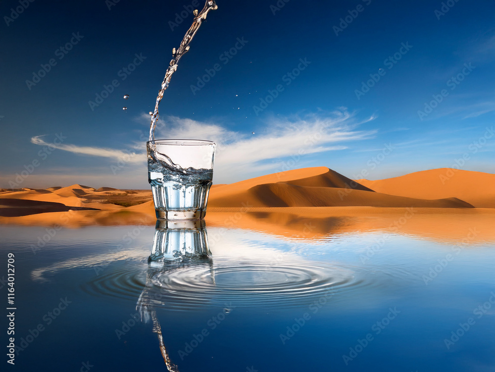 Poster a glass of water splashes, its reflection mirrored in a still desert oasis. the vibrant blue sky con
