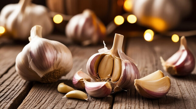 Photography of fresh garlic on a wooden table