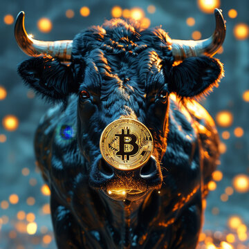 Crypto bull market, angry bull dashing into a giant golden bitcoin, futuristic networks, crypto trading, bitcoin hype, bullish trend, bitcoin and crypto trade