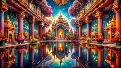 Fototapeta premium vibrant, symmetrical palace with colorful flowers and reflections