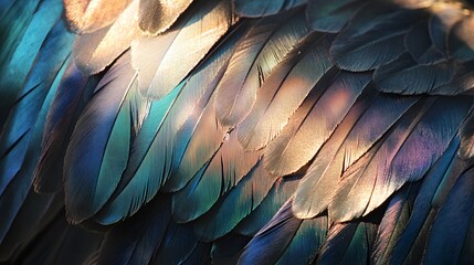 Fototapeta premium Close-up of iridescent bird feathers with a colorful gradient from teal to bronze.