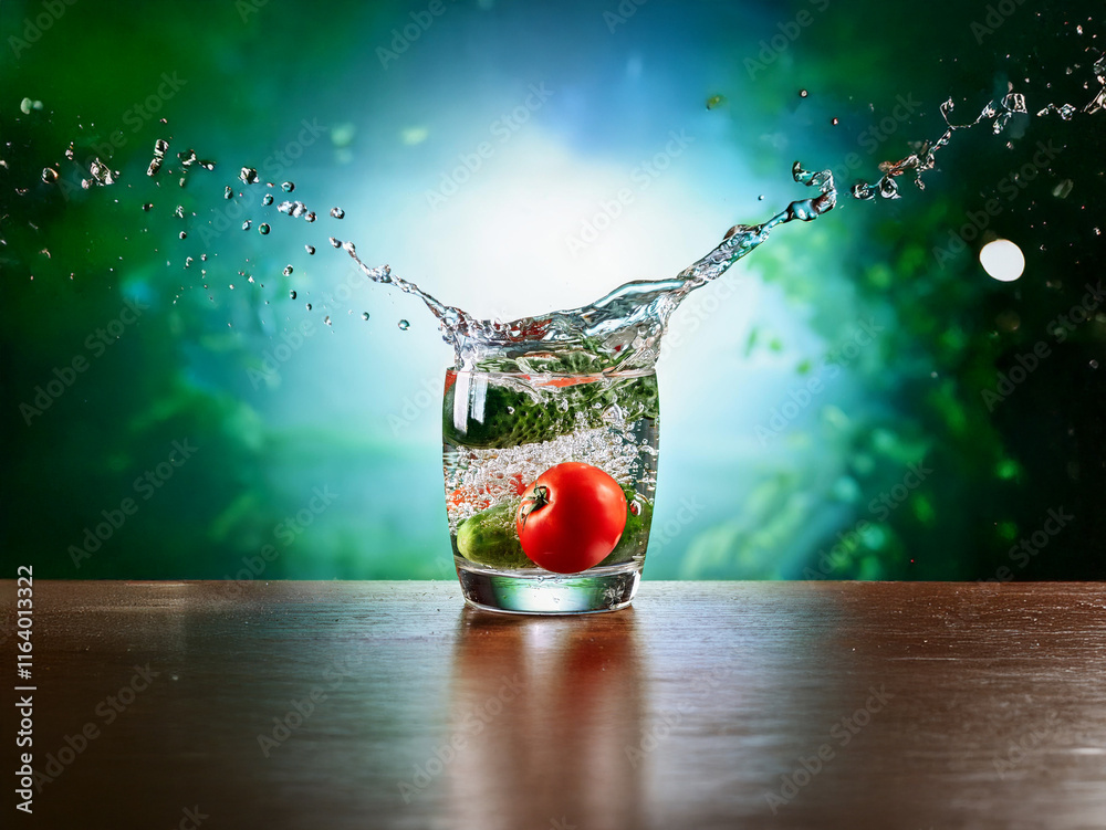 Poster refreshing image of a glass of water with a tomato and cucumber, splashed with water droplets agains