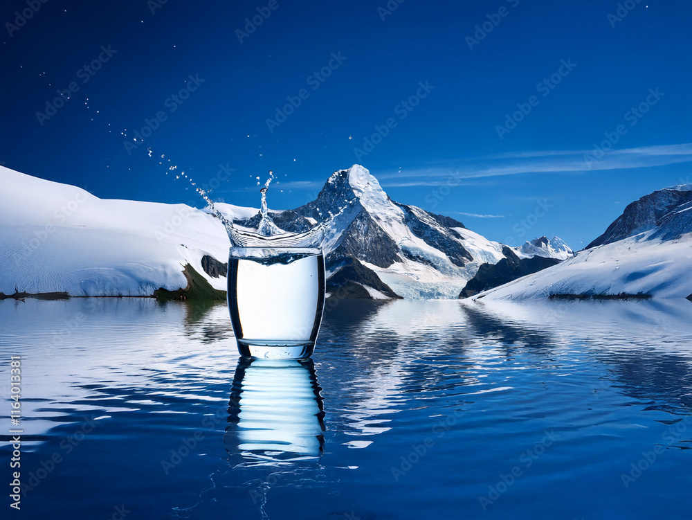 Poster a glass of water sits on a pristine mountain lake, water splashing as a majestic snow-capped peak re