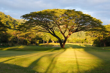Beautiful Big tree with branch in the morning during sunrise on green yard surrounded with forest    