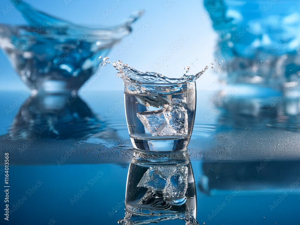 Fototapete a glass of ice water with splashing droplets, reflecting on a blue surface. the background features 