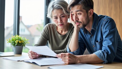 Senior couple looking worried at documents, discussing financial planning or legal matters, reflecting concerns about future security and decision-making.