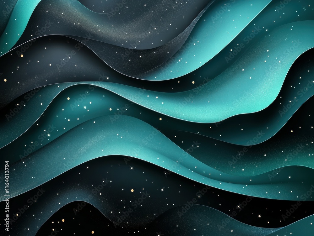 Aufkleber abstract waves in teal and black with starry accents create a dynamic, fluid design.