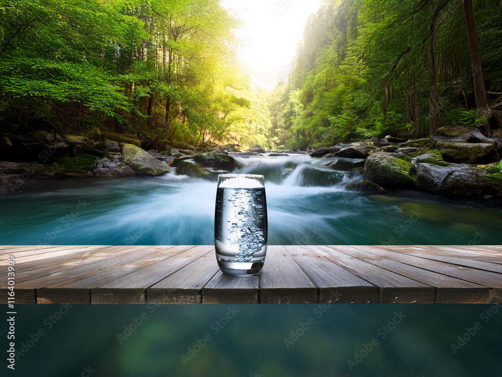 Aufkleber a glass of fresh water sits on a wooden surface overlooking a pristine river flowing through a lush 