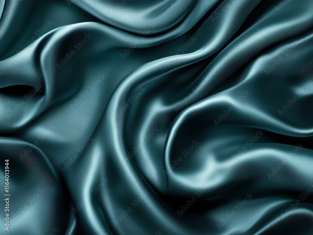 Poster a close-up view of smooth, flowing teal satin fabric showcasing texture and sheen.