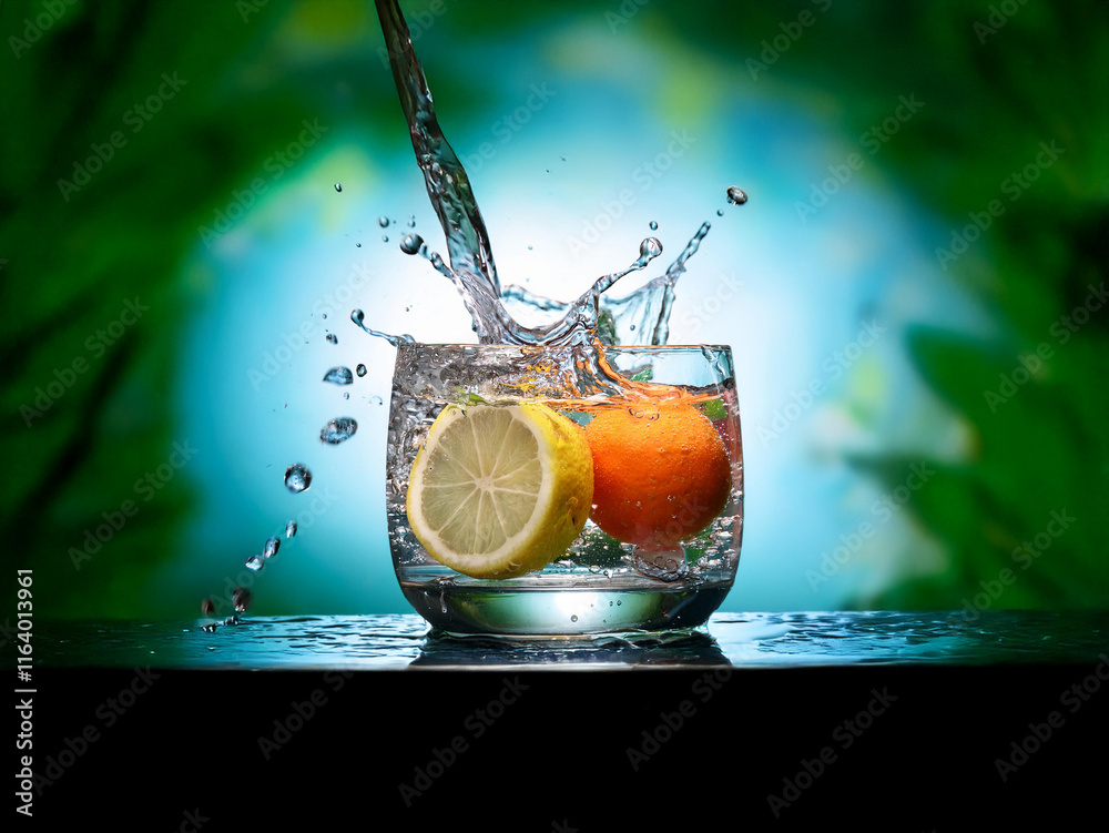 Poster Refreshing image of lemon and orange slices submerged in a glass of water with splashing liquid.  The vibrant citrus fruits are contrasted against a blurred green background.