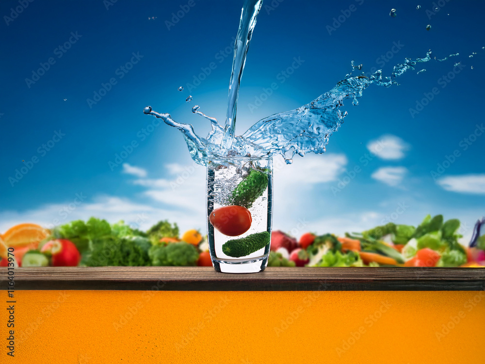 Poster refreshing water splashes into a glass filled with cucumber and tomato slices, set against a vibrant