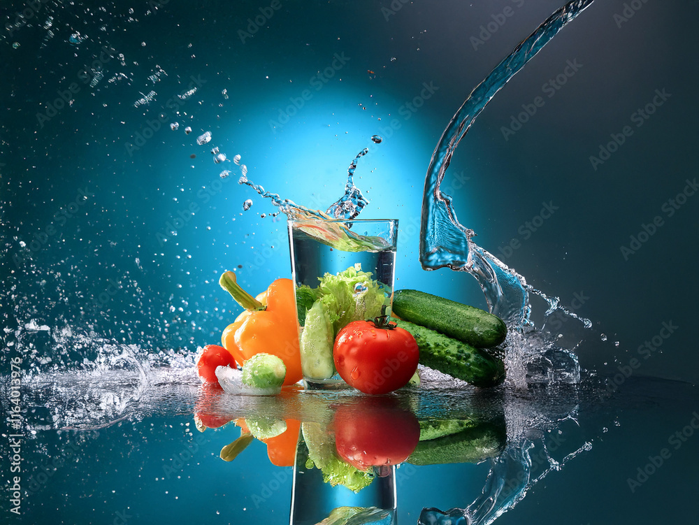 Aufkleber refreshing splash of water surrounding a glass filled with fresh vegetables. vibrant colors and dyna