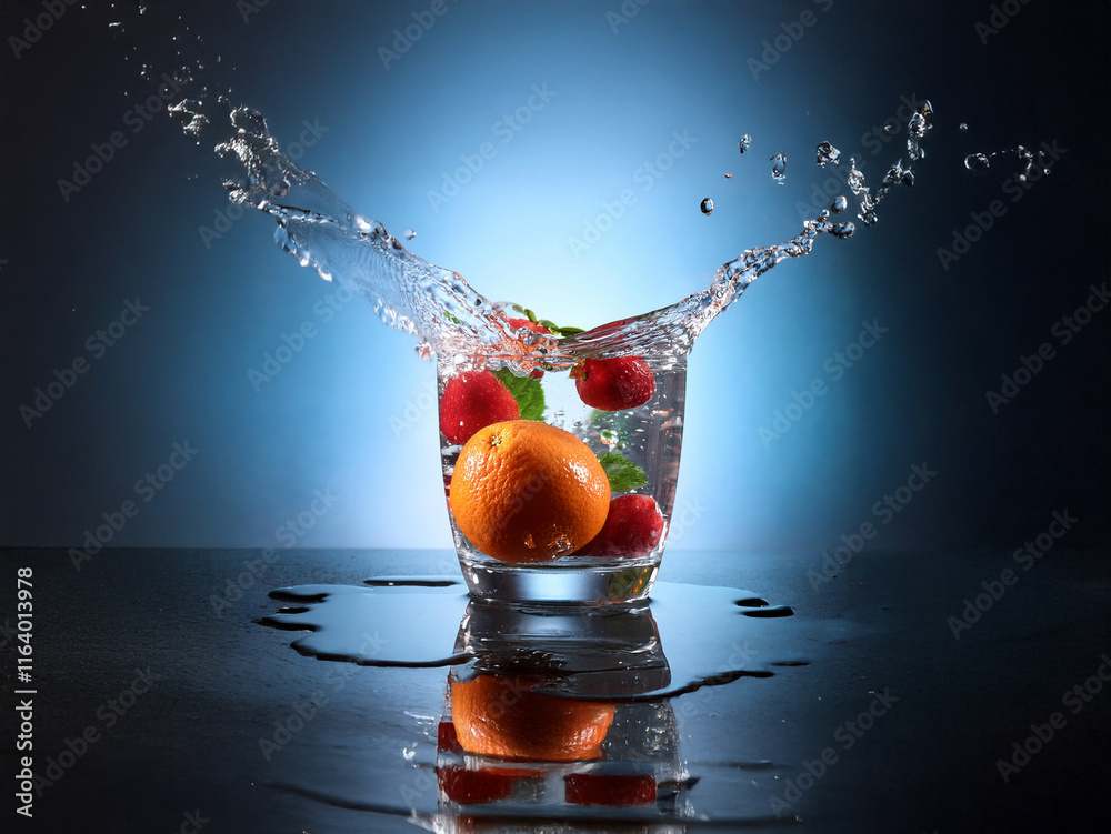 Fototapete refreshing image of vibrant fruitsraspberries and orange segmentsplunged into a glass of water, crea