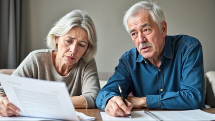 Senior couple looking worried at documents, discussing financial planning or legal matters, reflecting concerns about future security and decision-making.