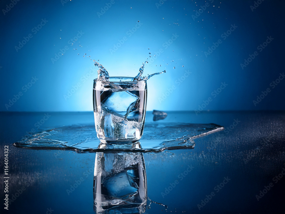 Aufkleber A glass of ice water with splashing water. The scene is set against a vibrant blue backdrop creating a refreshing and dynamic visual.  The water's reflection is visible on the surface below.