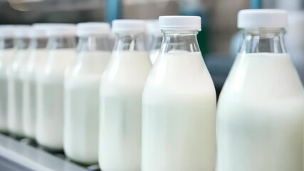 Fresh dairy production of creamy milk bottles in clear glass, showcasing purity and efficiency in agriculture and beverage processing.