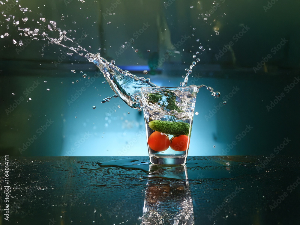 Poster A splash of water erupts as tomatoes and cucumber drop into a glass, creating a vibrant, dynamic scene against a dark teal background. The image captures the moment of impact, showcasing the textures 