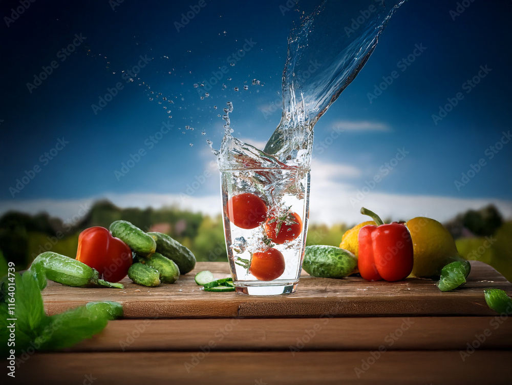 Poster refreshing scene of water splashing into a glass with cherry tomatoes, surrounded by cucumbers, pepp